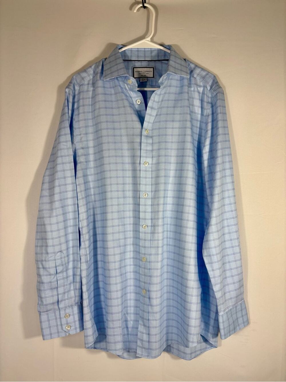 Charles Tyrwhitt Non Iron Dress Shirt 16 35 Slim Fit Blue Windowpane Cotton 0734